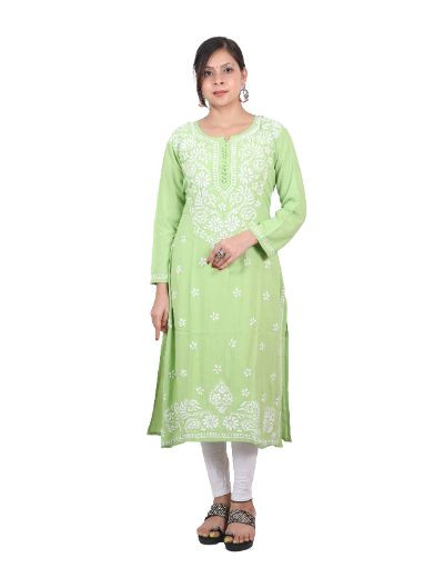 Rohia by Chhangamal Hand Embroidered Leaf Green Color Rayon Cotton Chikankari Kurti 05/23