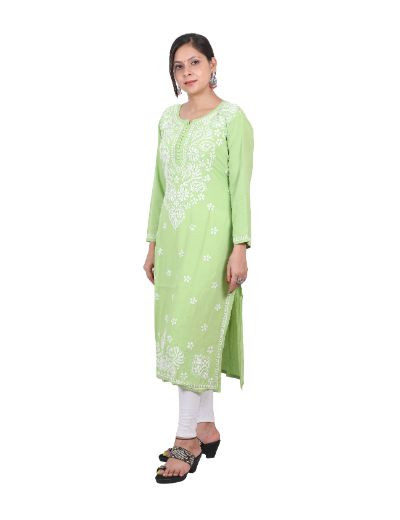 Rohia by Chhangamal Hand Embroidered Leaf Green Color Rayon Cotton Chikankari Kurti 05/23