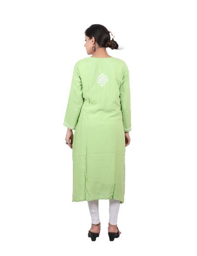 Rohia by Chhangamal Hand Embroidered Leaf Green Color Rayon Cotton Chikankari Kurti 05/23