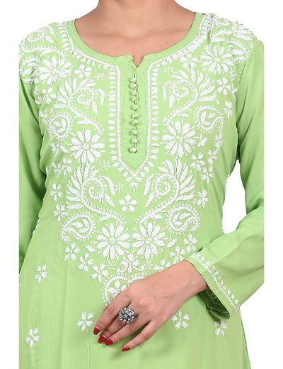 Rohia by Chhangamal Hand Embroidered Leaf Green Color Rayon Cotton Chikankari Kurti 05/23