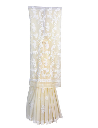 Rohia by Chhangamal Hand Embroidered Lemon Yellow Georgette Chikankari Saree With Blouse - S9083