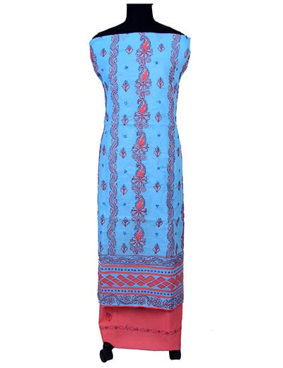 Rohia by Chhangamal Hand Embroidered Light Blue Cotton Chikan Suit Length