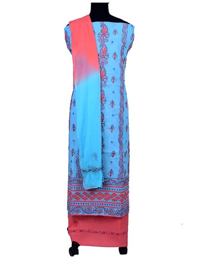 Rohia by Chhangamal Hand Embroidered Light Blue Cotton Chikan Suit Length