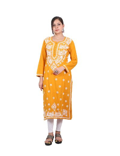 Rohia by Chhangamal Hand Embroidered Mustard Color Rayon Cotton Chikankari Kurti 05/23