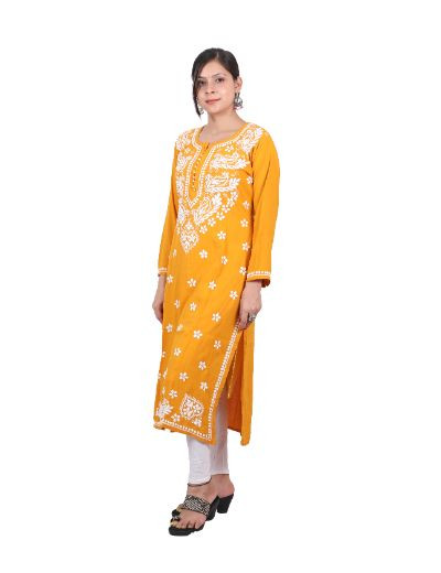 Rohia by Chhangamal Hand Embroidered Mustard Color Rayon Cotton Chikankari Kurti 05/23