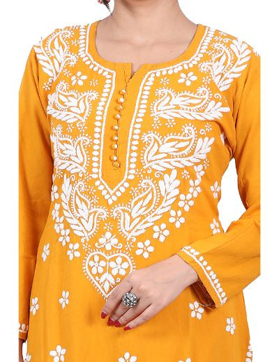 Rohia by Chhangamal Hand Embroidered Mustard Color Rayon Cotton Chikankari Kurti 05/23