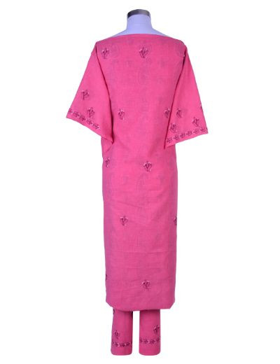 Rohia by Chhangamal Hand Embroidered Onion Pink Colour Cotton Chikan Suit Length