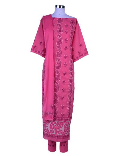 Rohia by Chhangamal Hand Embroidered Onion Pink Colour Cotton Chikan Suit Length