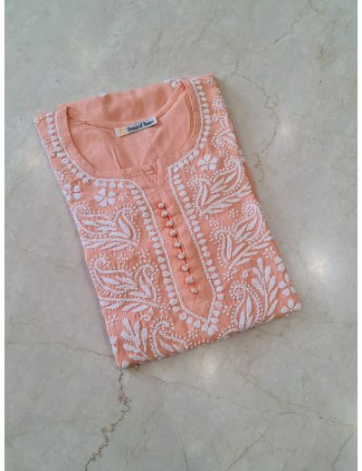 Rohia by Chhangamal Hand Embroidered Peach Color Rayon Cotton Chikankari Kurti 05/23