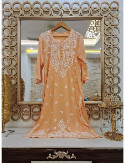 Rohia by Chhangamal Hand Embroidered Peach Color Rayon Cotton Chikankari Kurti 05/23
