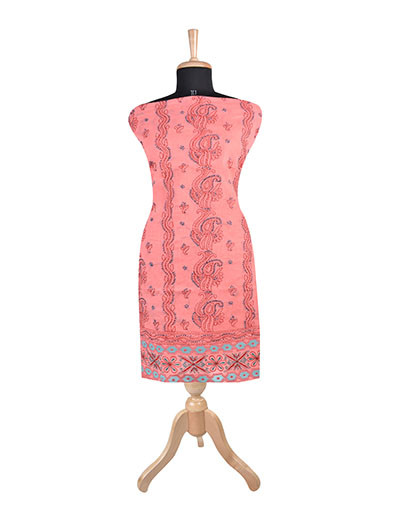 Rohia by Chhangamal Hand Embroidered Peach Colour Unstitched Cotton Chikan Suitlength SL1116