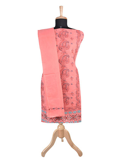 Rohia by Chhangamal Hand Embroidered Peach Colour Unstitched Cotton Chikan Suitlength SL1116