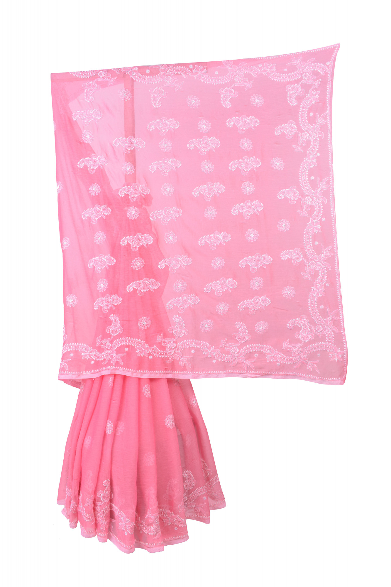 Rohia by Chhangamal Hand Embroidered Peach Faux Georgette Chikan Saree.