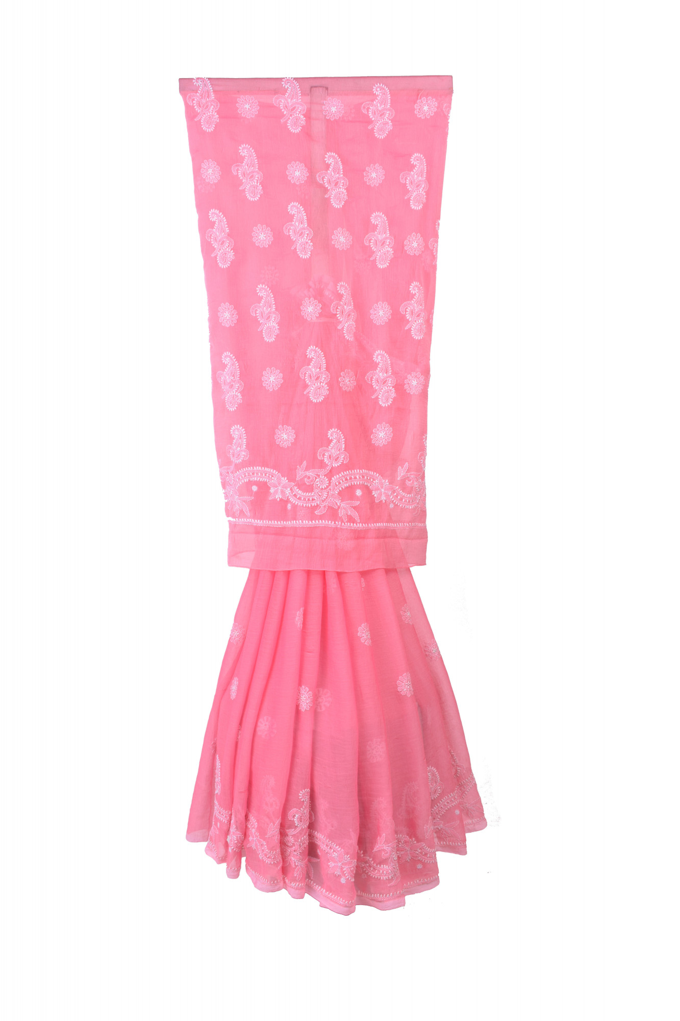 Rohia by Chhangamal Hand Embroidered Peach Faux Georgette Chikan Saree.