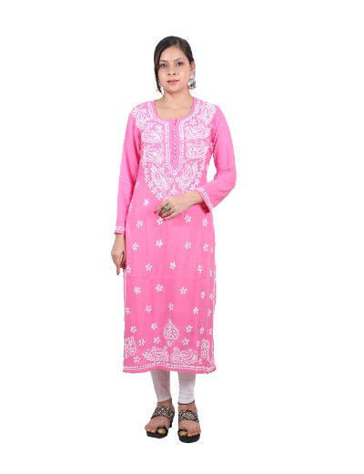 Rohia by Chhangamal Hand Embroidered Pink Color Rayon Cotton Chikankari Kurti 05/23