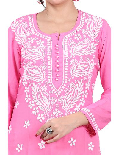 Rohia by Chhangamal Hand Embroidered Pink Color Rayon Cotton Chikankari Kurti 05/23