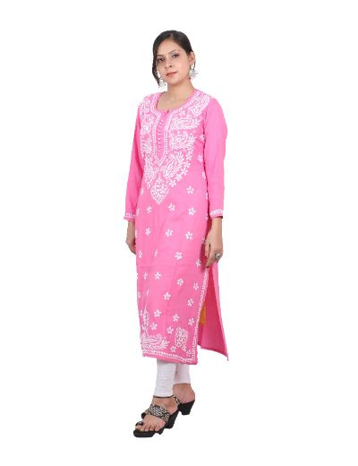Rohia by Chhangamal Hand Embroidered Pink Color Rayon Cotton Chikankari Kurti 05/23