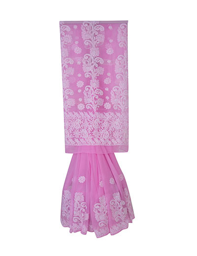 Rohia by Chhangamal Hand Embroidered Pink Colour Faux Georgette Chikan Saree S4036