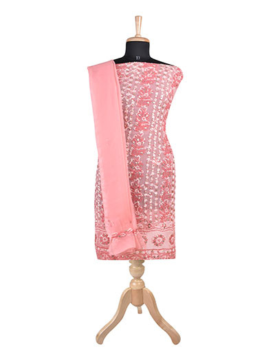 Rohia by Chhangamal Hand Embroidered Pink Faux Georgette  Chikan Suit Length