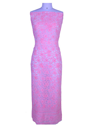 Rohia by Chhangamal Hand Embroidered Pink Georgette Unstiched Chikan Kurti Length