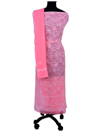 Rohia by Chhangamal Hand Embroidered Pink Georgette Unstiched Chikan Suit Length