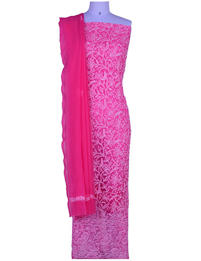 Rohia by Chhangamal Hand Embroidered Pink Georgette Unstiched Chikan Suit Length
