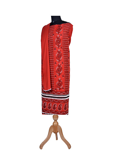 Rohia by Chhangamal Hand Embroidered Red Colour Cotton Chikan Suit Length SL1137