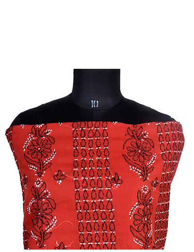 Rohia by Chhangamal Hand Embroidered Red Colour Cotton Chikan Suit Length SL1137