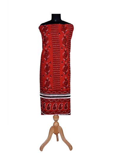 Rohia by Chhangamal Hand Embroidered Red Colour Cotton Chikan Suit Length SL1137