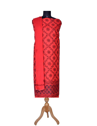 Rohia by Chhangamal Hand Embroidered Red Colour Unstitched Cotton All Over Jaal Chikankari Suit Length With Daman Patch Work SL1265