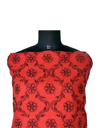 Rohia by Chhangamal Hand Embroidered Red Colour Unstitched Cotton All Over Jaal Chikankari Suit Length With Daman Patch Work SL1265