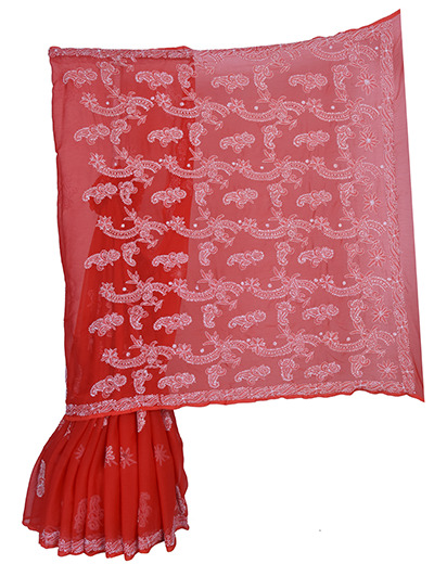 Rohia by Chhangamal Hand Embroidered Red Georgette Chikankari Saree With Blouse - S9083