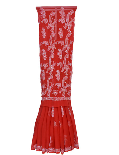 Rohia by Chhangamal Hand Embroidered Red Georgette Chikankari Saree With Blouse - S9083