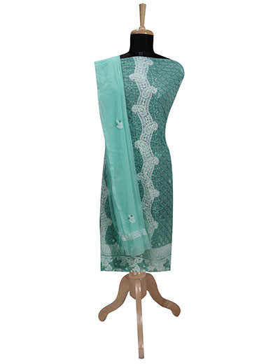 Rohia by Chhangamal Hand Embroidered Sea Green Georgette Unstiched Chikan Suit Length SL1206