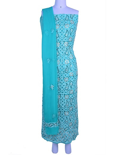 Rohia by Chhangamal Hand Embroidered Turquoise Georgette Unstiched Chikan Suit Length