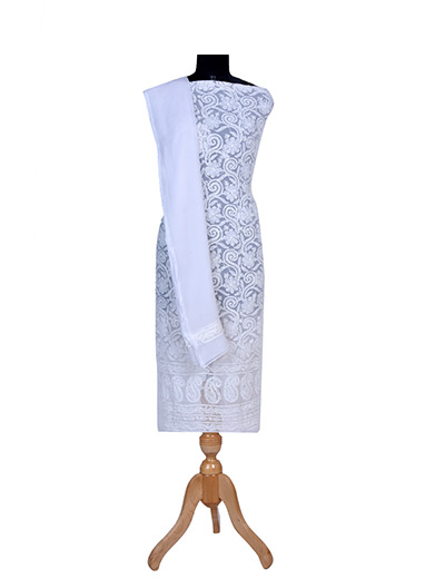 Rohia by Chhangamal Hand Embroidered White Colour Georgette Chikan Suit Length SL5647