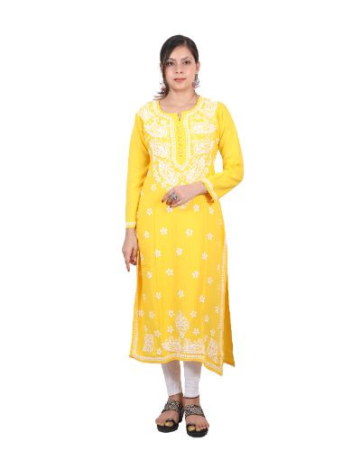 Rohia by Chhangamal Hand Embroidered Yellow Color Rayon Cotton Chikankari Kurti 05/23