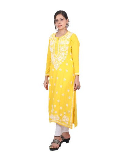 Rohia by Chhangamal Hand Embroidered Yellow Color Rayon Cotton Chikankari Kurti 05/23