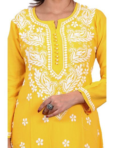 Rohia by Chhangamal Hand Embroidered Yellow Color Rayon Cotton Chikankari Kurti 05/23