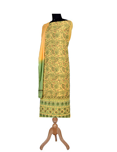 Rohia by Chhangamal Hand Embroidered Yellow Colour Unstitched Cotton Suit Length SL1255