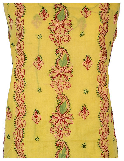 Rohia by Chhangamal Hand Embroidered Yellow Cotton Chikan Suit length