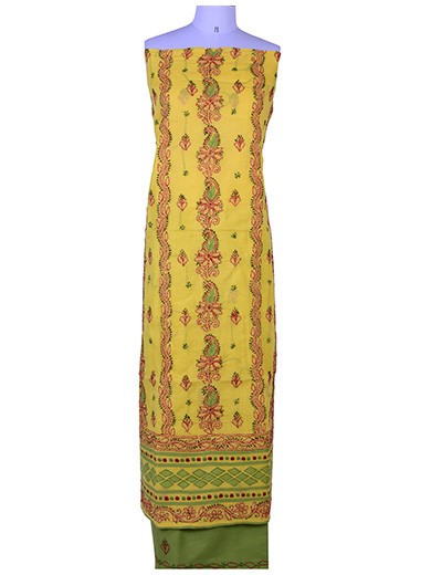 Rohia by Chhangamal Hand Embroidered Yellow Cotton Chikan Suit length