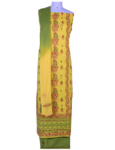 Rohia by Chhangamal Hand Embroidered Yellow Cotton Chikan Suit length