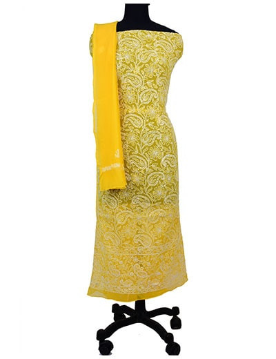 Rohia by Chhangamal Hand Embroidered Yellow Georgette Unstiched Chikan Suit Length SL1014