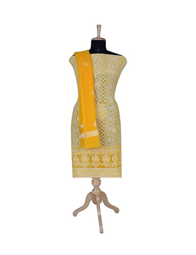 Rohia by Chhangamal Hand Embroidered Yellow Georgette Unstiched Chikan Suit Length SL1206