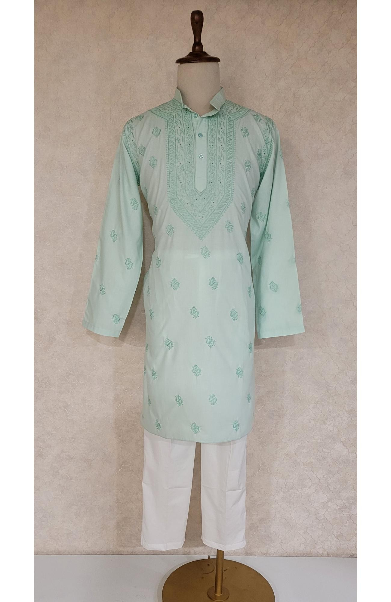 Sea Green Cotton Linen Chikankari Kurta
