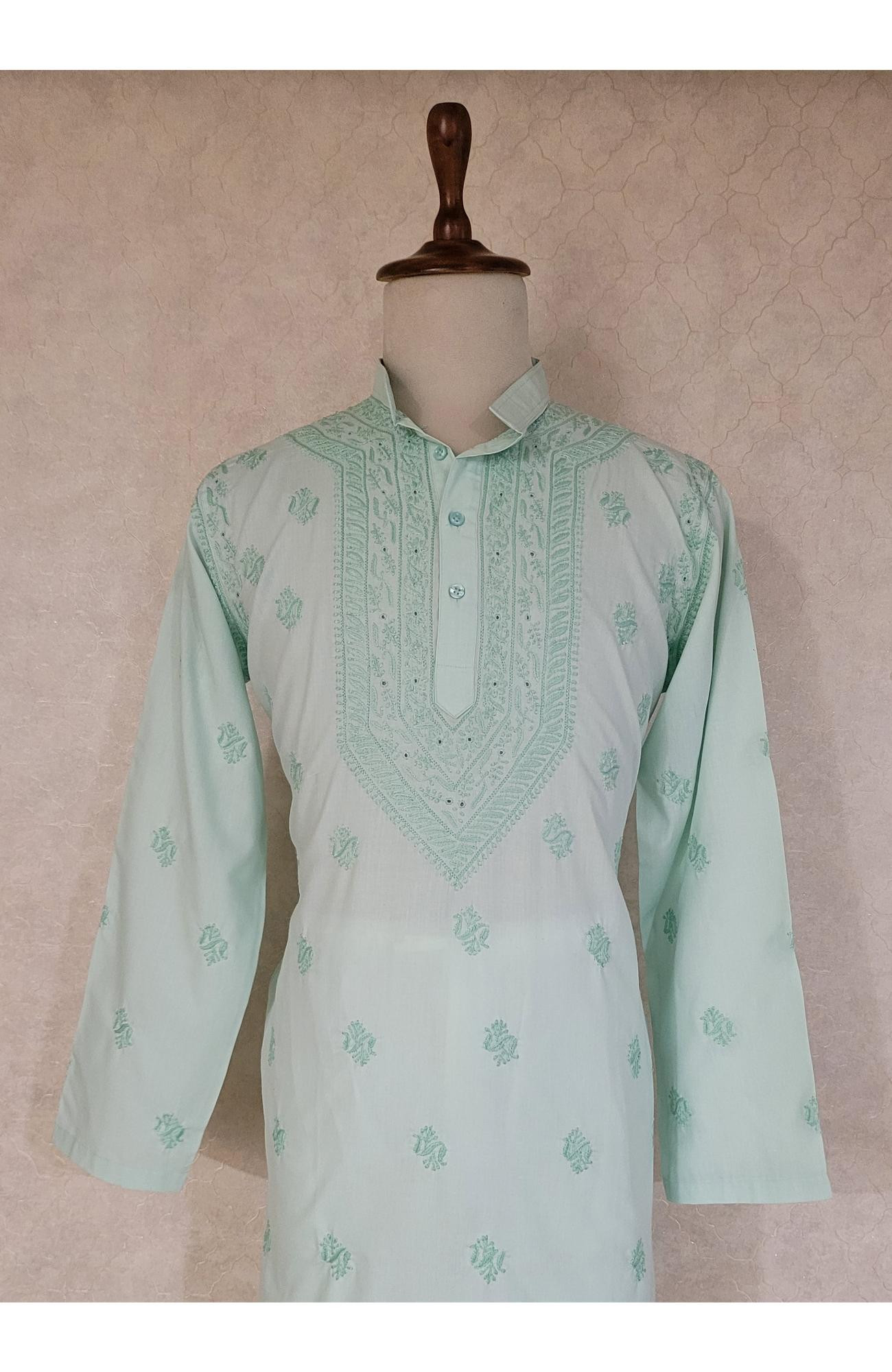 Sea Green Cotton Linen Chikankari Kurta