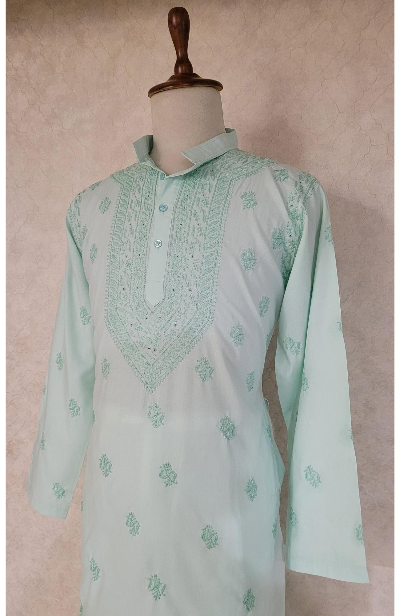 Sea Green Cotton Linen Chikankari Kurta