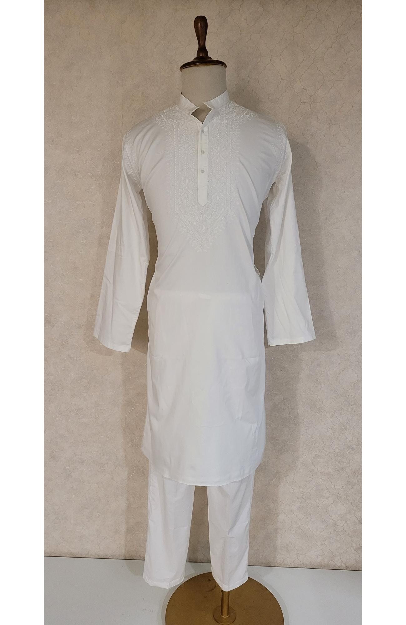 White Lycra Cotton Chikankari Kurta