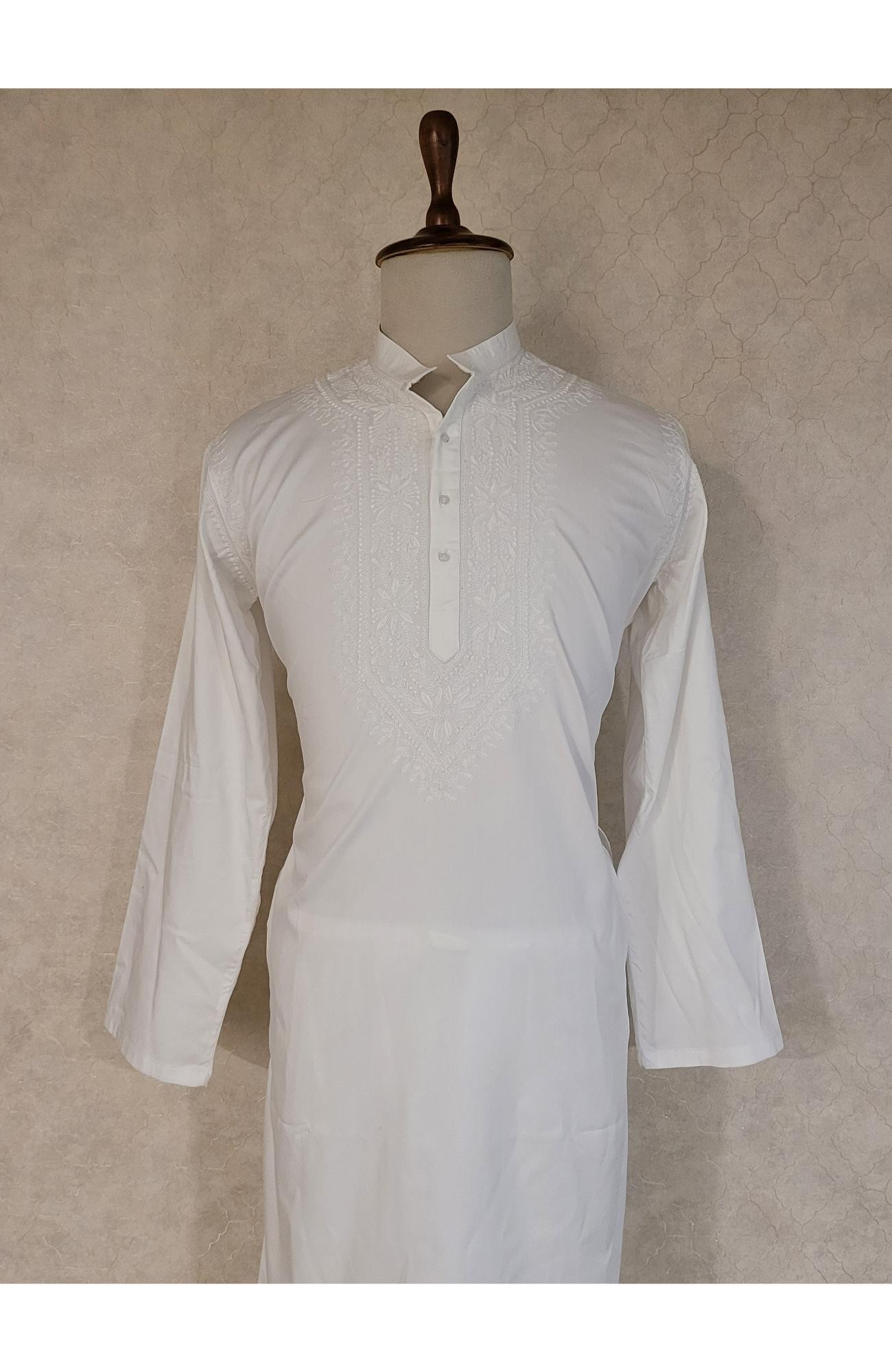 White Lycra Cotton Chikankari Kurta